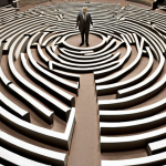 **

A complex bureaucratic labyrinth, representing the Italian environmental authorization process. Visualize intertwined paperwork, frustrated business people, and signs pointing in multiple directions. Emphasize the difficulty and confusion. Color palette: muted grays and browns.

**
