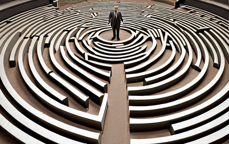 **

A complex bureaucratic labyrinth, representing the Italian environmental authorization process. Visualize intertwined paperwork, frustrated business people, and signs pointing in multiple directions. Emphasize the difficulty and confusion. Color palette: muted grays and browns.

**