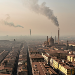 **A polluted Italian city in the Po Valley, heavy smog, industrial emissions, and car traffic under a hazy sky. Emphasize the contrast between urban density and environmental degradation.**
