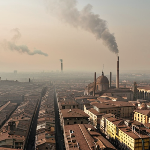 Home 7 **A polluted Italian city in the Po Valley, heavy smog, industrial emissions, and car traffic under a hazy sky. Emphasize the contrast between urban density and environmental degradation.**