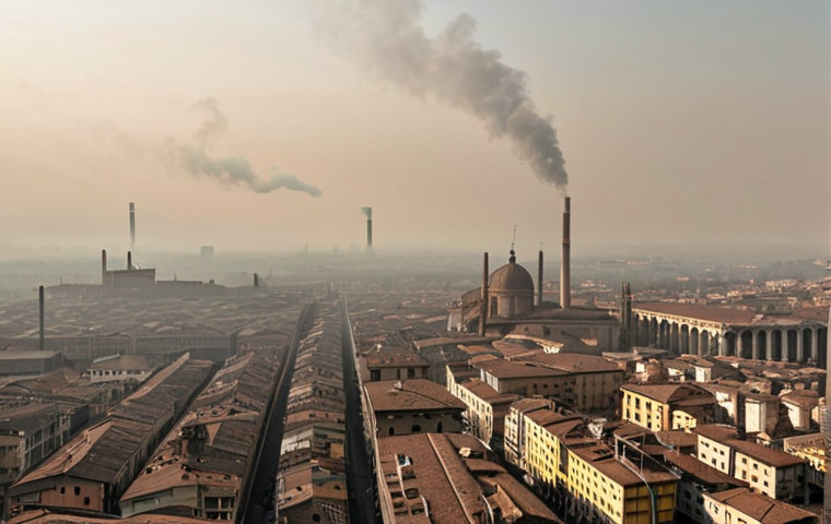**A polluted Italian city in the Po Valley, heavy smog, industrial emissions, and car traffic under a hazy sky. Emphasize the contrast between urban density and environmental degradation.**