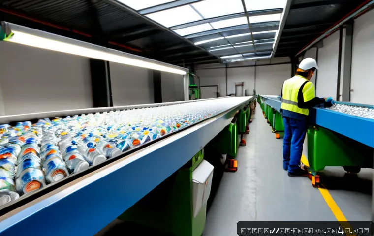 Home 17 자원 회수 기술 - Photorealistic modern resource recovery facility in Italy, a clean conveyor line where separated gla...
